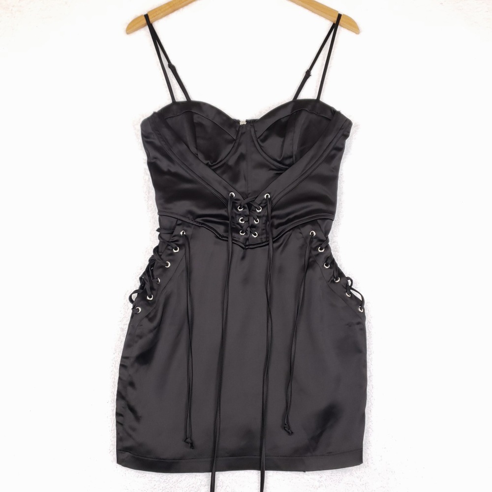 Forever 21 Black Satin Corset Lace Up Mini Dress Underwire Size M Rocker